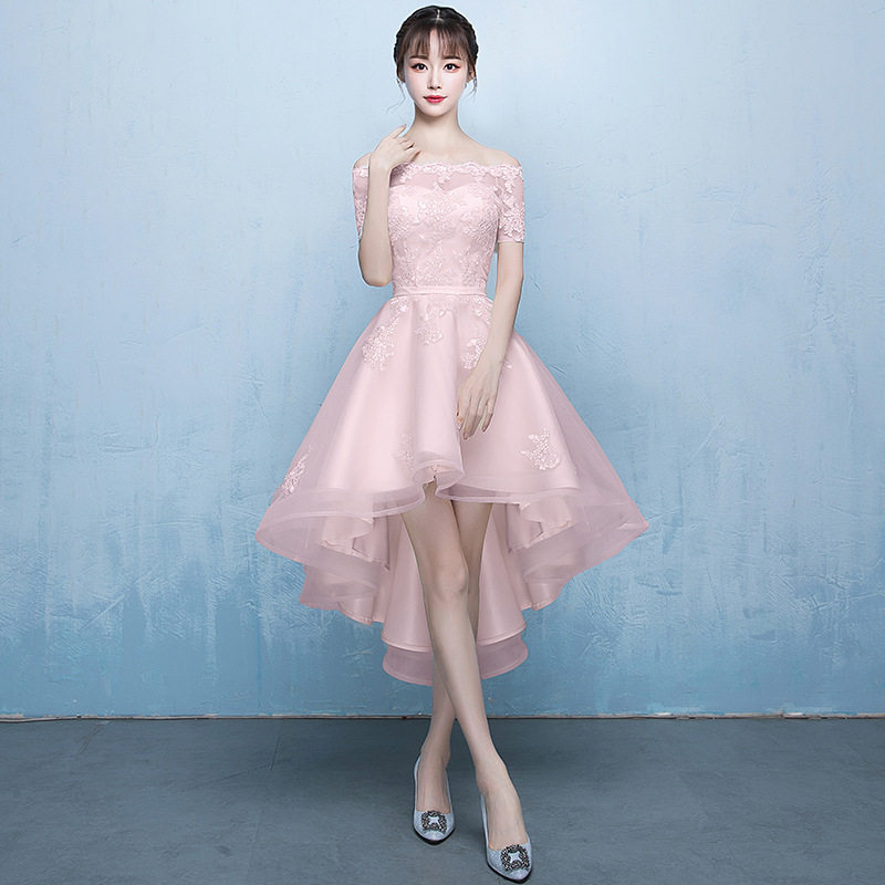 粉色伴娘服晚礼服裙女宴会主持人礼服裙小个子短款前短后长敬酒服