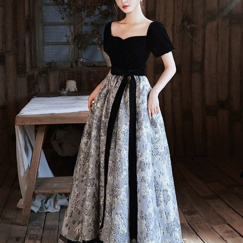 赫本风黑色拼接成人礼晚礼服女