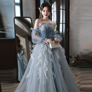 蓝色晚礼服高端轻奢小众成人礼主持人抹胸美声独唱演出服学生艺考