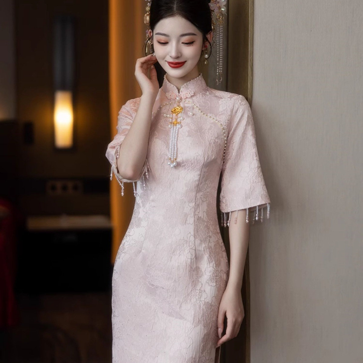 新中式粉色改良旗袍晚礼服女订婚敬酒服平时可穿敬酒服新娘礼服裙