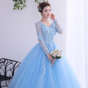 独唱年会演出服女主持人声乐艺考长袖蓝色礼服裙高级感年会晚礼服