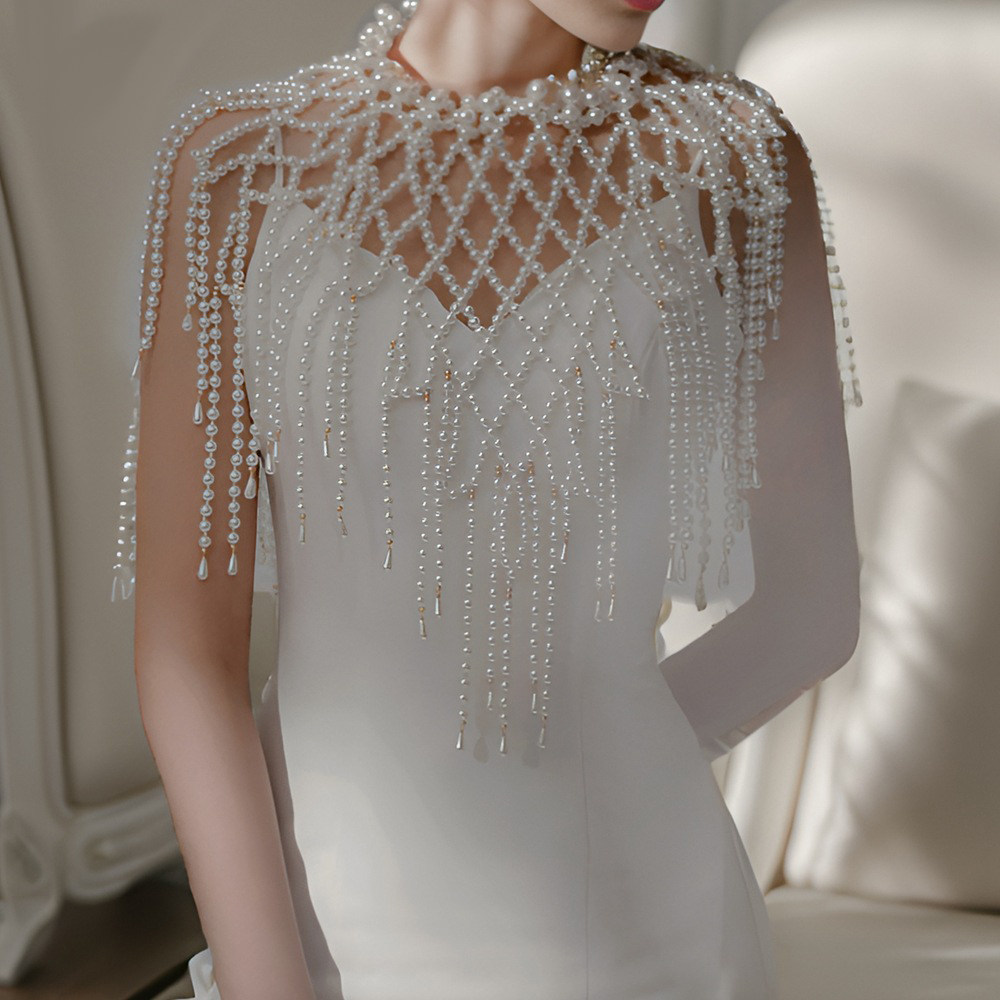 优雅复古珍珠披肩流苏手工串珠云肩新娘旗袍礼服配饰肩饰肩链斗篷