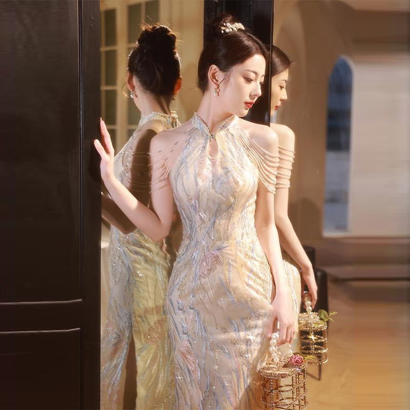 香槟色轻奢显瘦旗袍晚礼服女
