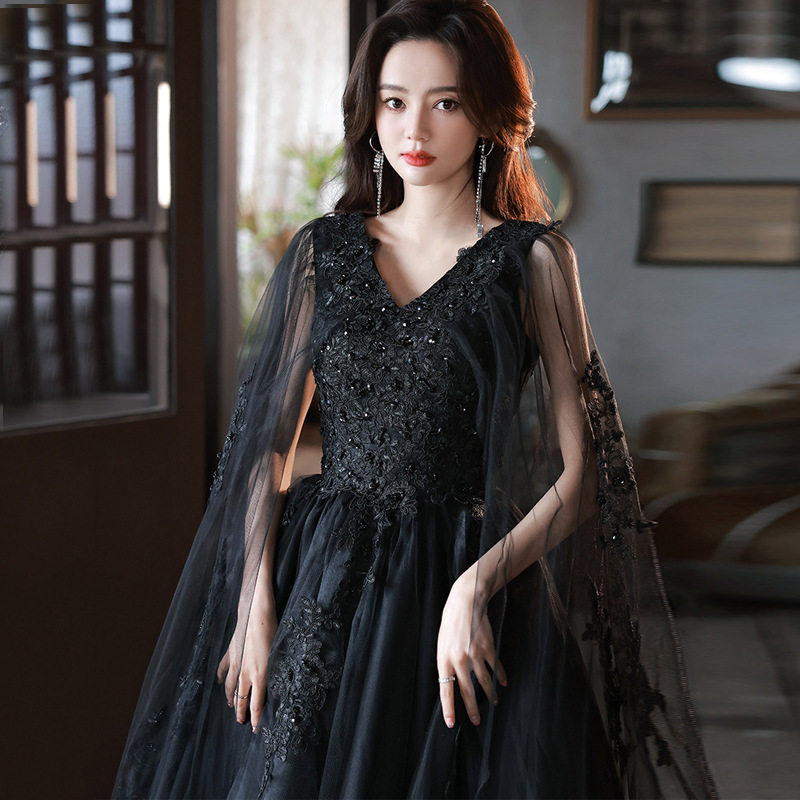 黑色晚礼服女小众主持人长款钉珠