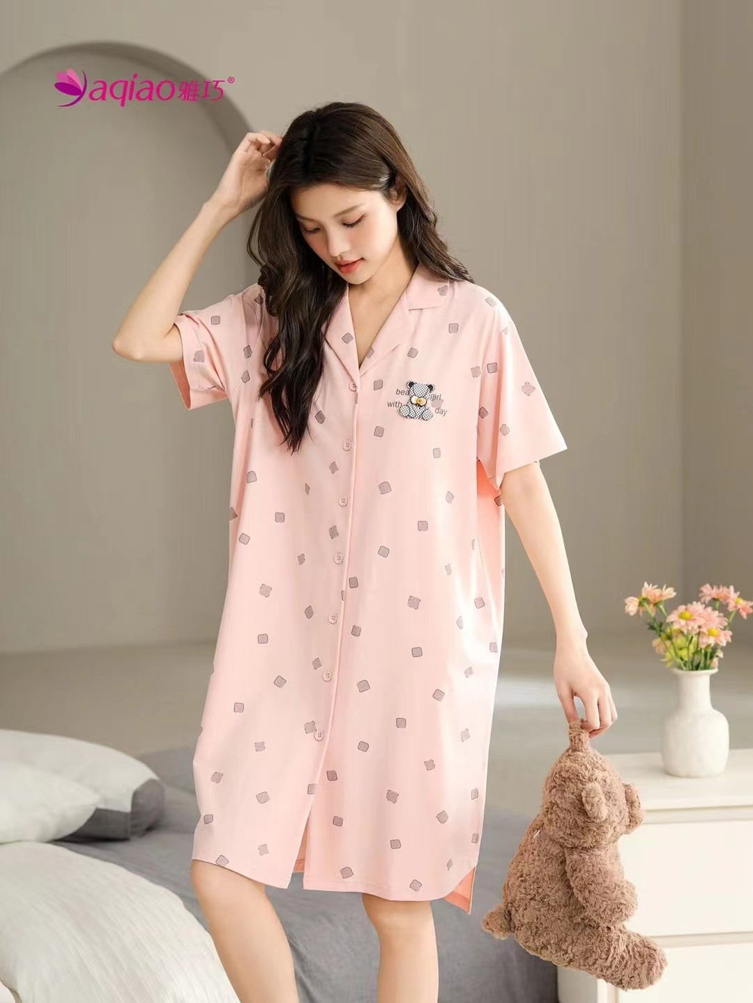 雅巧品牌纯棉睡衣翻领开襟女休闲纯棉家居服印花短袖中裙甜美睡裙