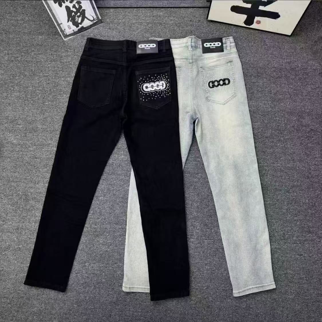 网红春秋季爆款烫钻字母Good潮牌刺绣牛仔裤修身时尚百搭帅气小脚