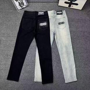 时尚 网红春秋季 修身 烫钻字母Good潮牌刺绣牛仔裤 百搭帅气小脚 爆款