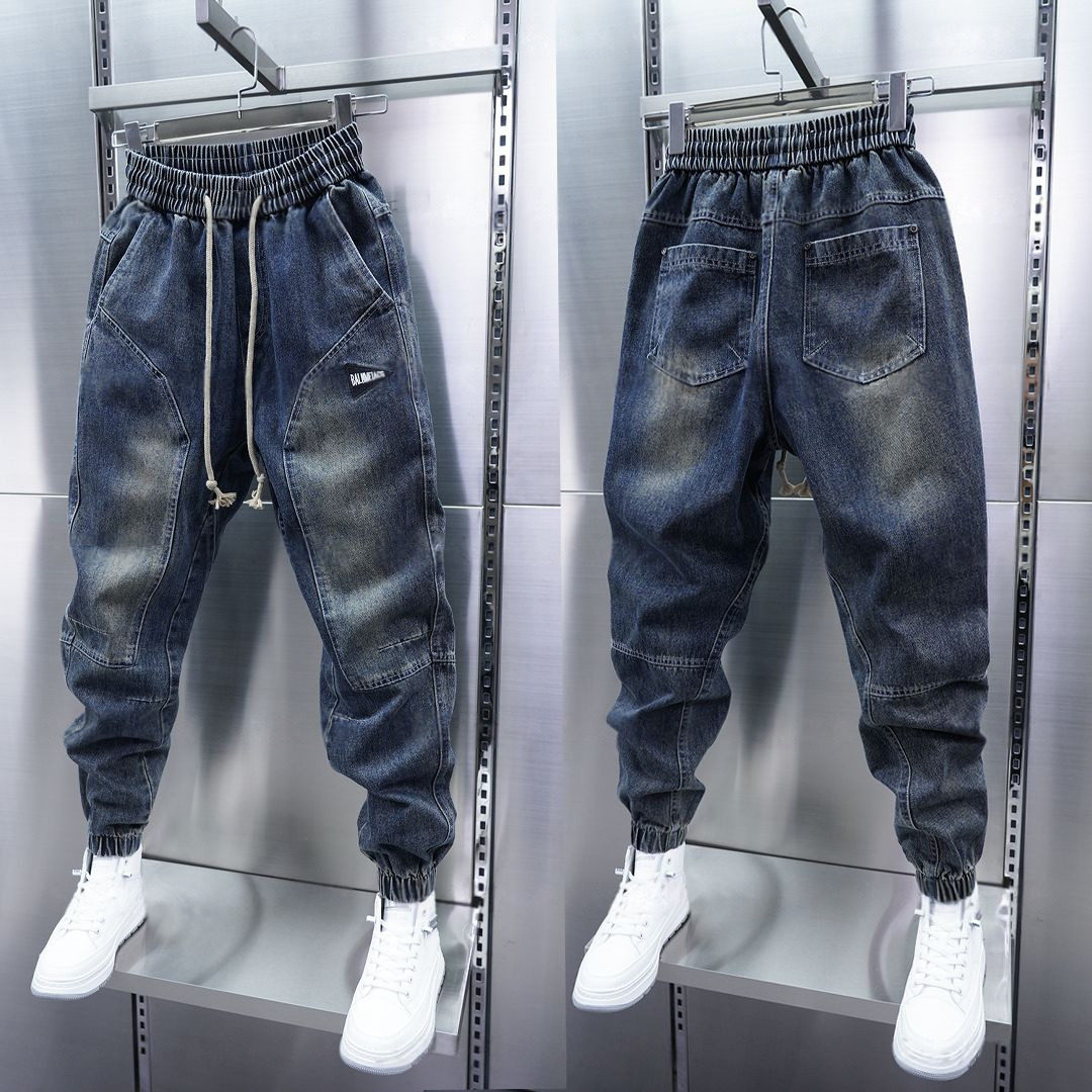男士简约牛仔裤秋冬新款拼接束脚百搭小脚裤秋冬季水洗蓝色哈伦裤