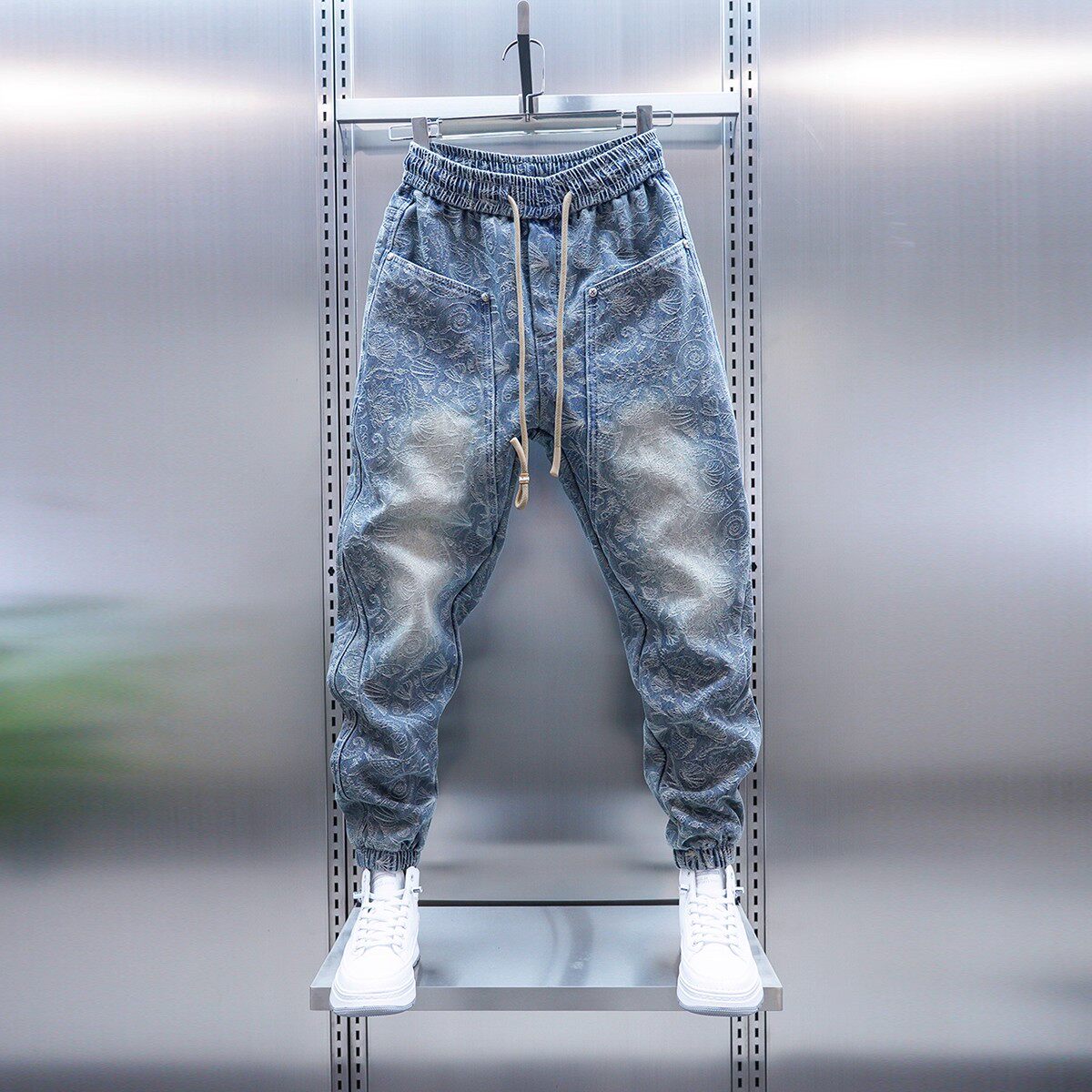 提花牛仔裤男士宽松束脚裤2025春季新款美式潮牌青年痞帅哈伦裤潮,男装,牛仔裤,淘宝优惠券,粉丝福利购,淘宝优惠卷