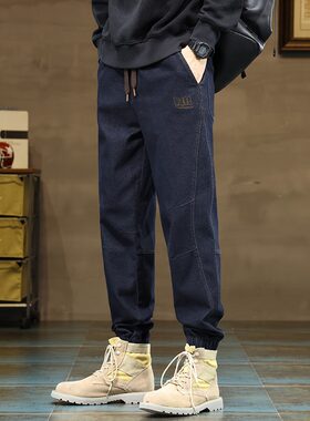 春秋男宽松束脚九分牛仔裤工装