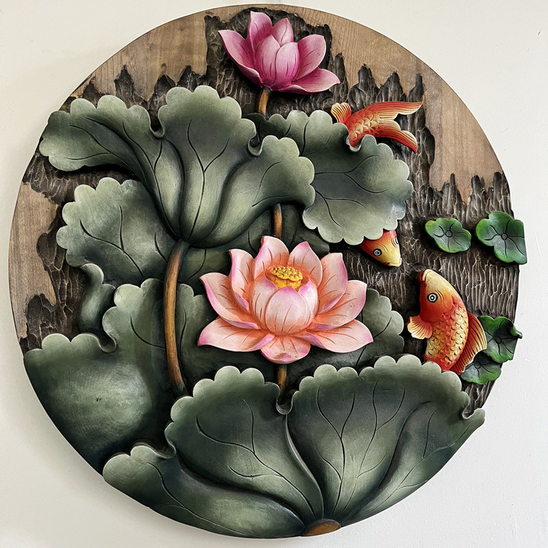 老木雕荷花鲤鱼寓意和和美美年年有余书房玄关圆盘雕刻挂件装饰