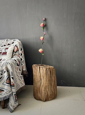 风化木老木头朽木创意特色枯木干花老木桶空间艺术摆件老木桶