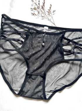 中腰纯黑色性感内裤交叉带高弹网纱蕾丝铃铛会响内裤女士三角裤衩