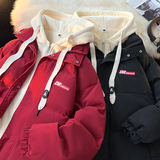 Y03A-P982025冬季字母假两件棉衣加厚连帽宽松面包棉服外套，男装棉衣，电商A025