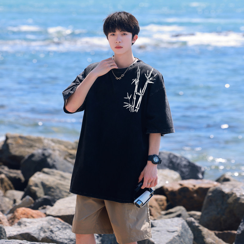2025夏装新中式竹子印花水洗做旧短袖t恤潮A025-S1011-P35控48,男装T恤,电商A025