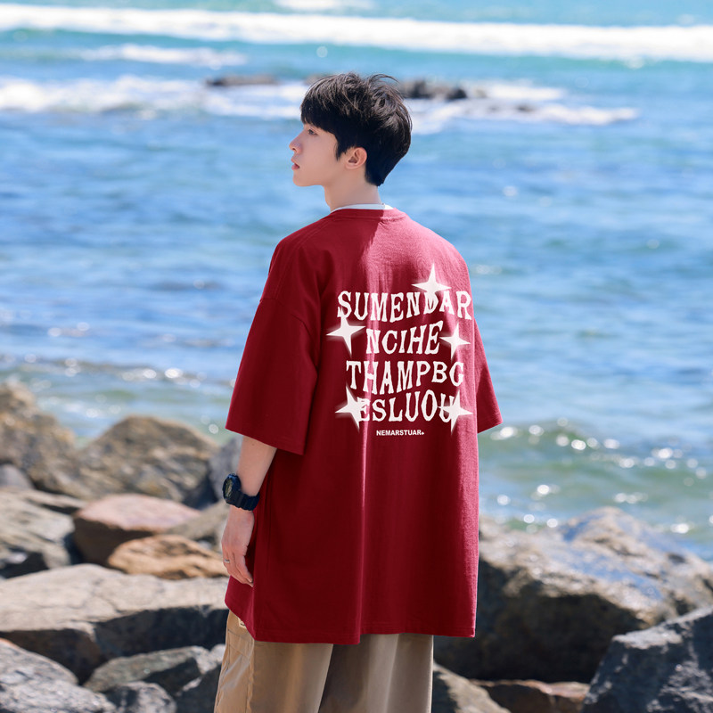 T7584B-P25控38高克重2025夏新款后背字母印花圆领短袖T恤,男装T恤,电商A025