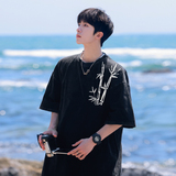 2025夏装新中式竹子印花水洗做旧短袖t恤潮A025-S1011-P35控48，男装T恤，电商A025