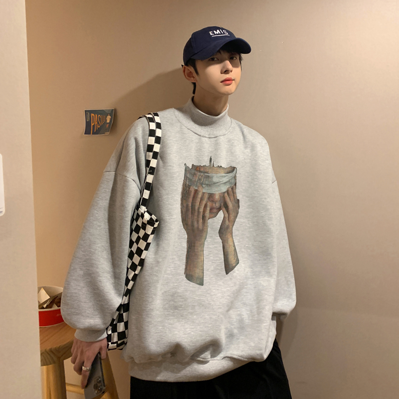 W986A-P50控68高品质2025秋冬新款人像潮牌加绒半高领卫衣，男装卫衣，电商A025