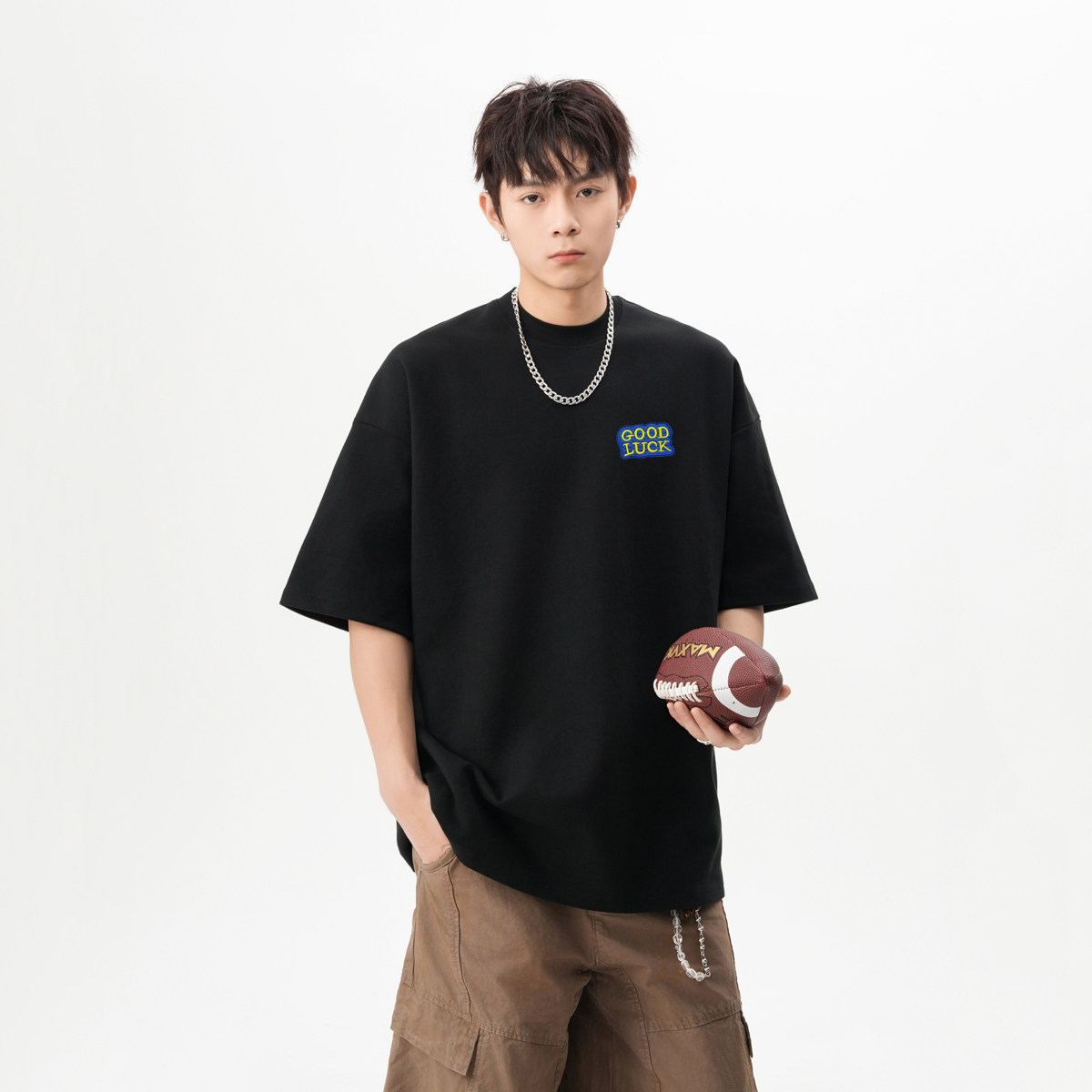现货2025夏字母刺绣标宽松圆领短袖T恤情侣A025-T7648-P25控38,男装T恤,电商A025