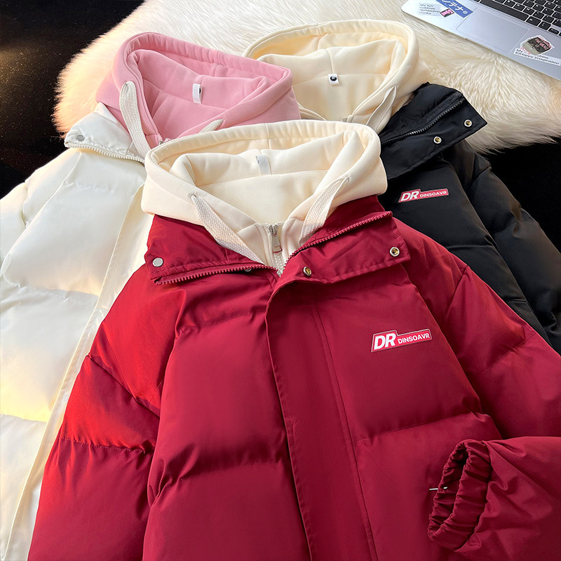 Y03A-P982025冬季字母假两件棉衣加厚连帽宽松面包棉服外套,男装棉衣,电商A025