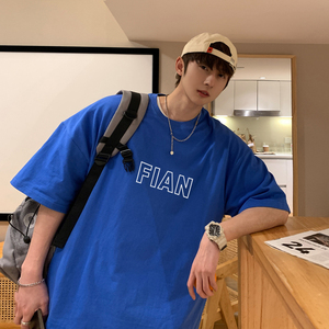藏青色短袖T恤男夏季款潮牌潮流ins宽松7七分袖百搭美潮oversize图片