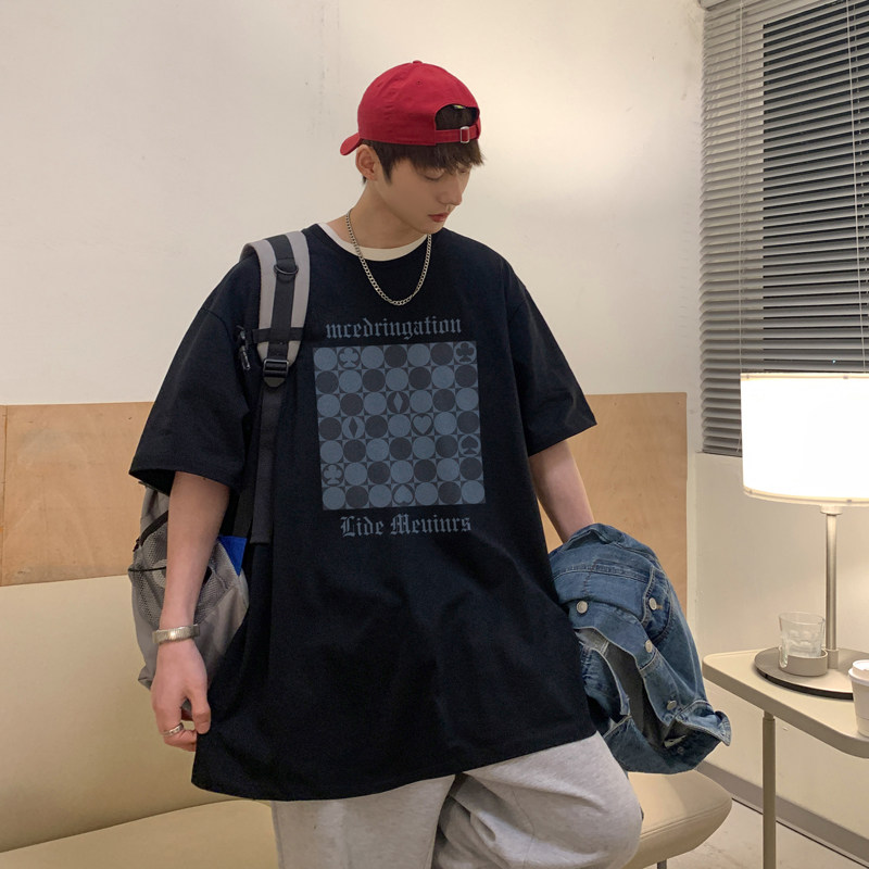2026夏装棋盘格印花大码圆领短袖T恤港风潮A025-T7356-P25控38,男装T恤,电商A025