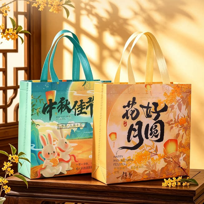 中秋无纺布手提袋定制彩色覆膜月饼礼盒包装袋佳节走访送礼手提袋
