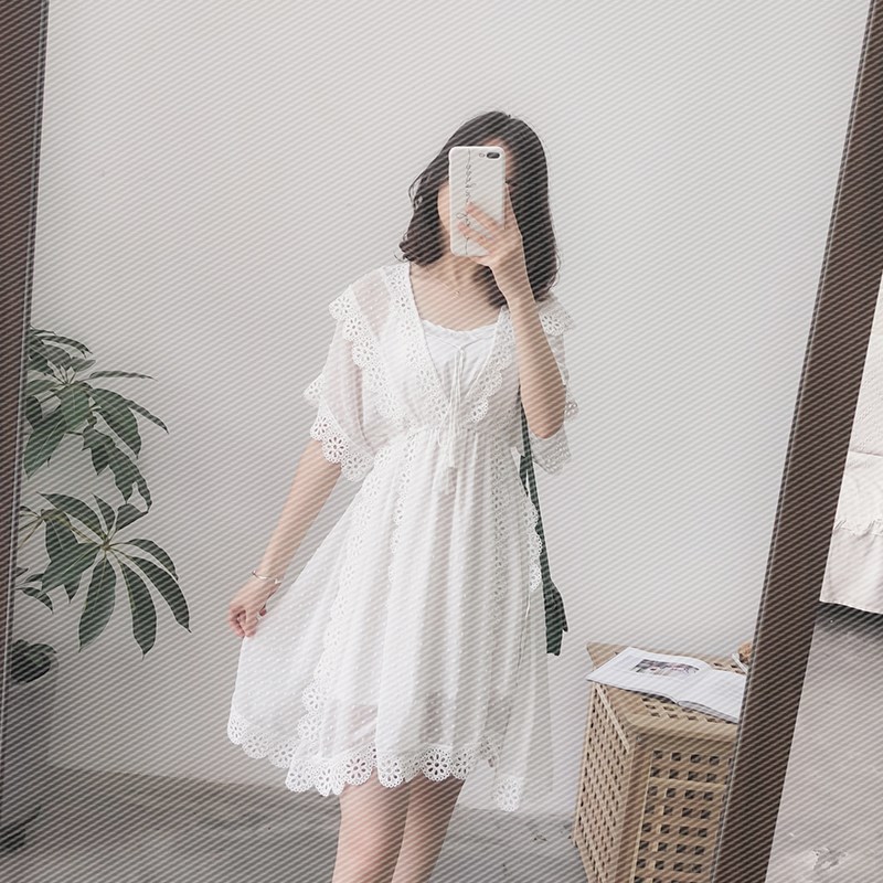 又見小夕溫柔風仙女裙超仙收腰小個子高腰短款白色雪紡連衣裙女夏