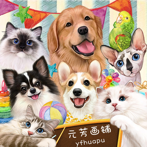 宠物定制头像纯手绘狗狗猫咪画Q版写实风照片转卡通约稿创意礼物