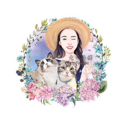 元芳宠物手绘设计定制头像卡通主人婚礼插画似颜绘猫情侣画像热卖