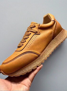 欧洲站复古阿甘鞋男春秋新款真皮透气休闲单鞋厚底系带白色老爹鞋