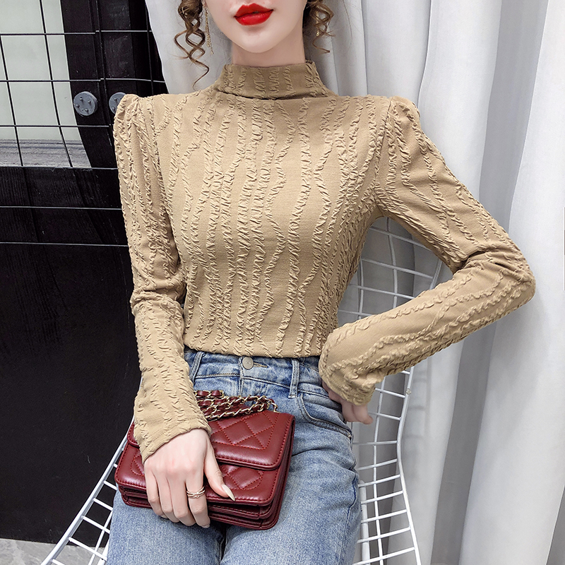 Fashion high collar long sleeve T-shirt women's 2021 spring dress new style with foreign style pleated slim top