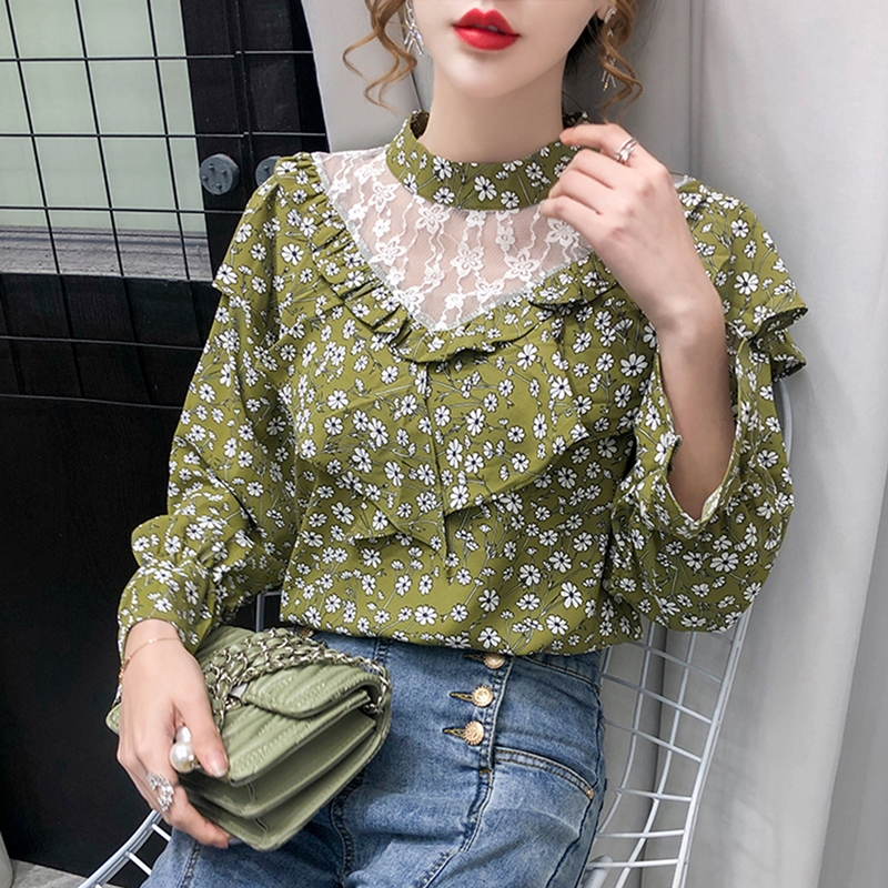 2021 new autumn Floral Chiffon shirt women's super fairy Korean style versatile Round Neck Shirt loose long sleeve top