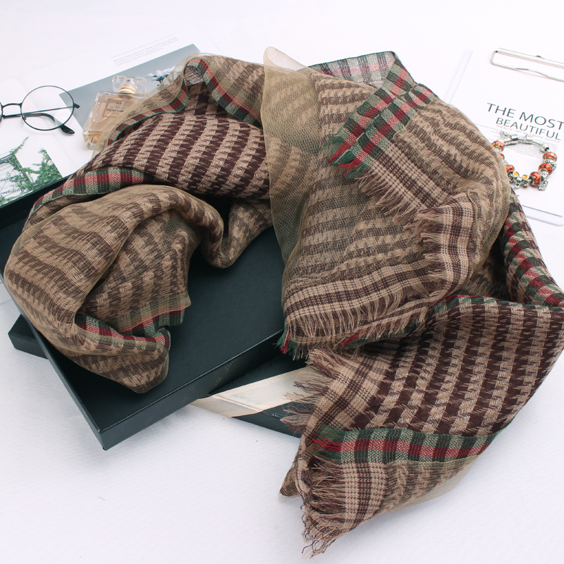 2024秋冬新款真丝羊毛丝巾女长款百搭欧美千鸟格双层围巾披肩两用
