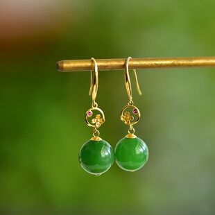 18K金镶嵌天然和田碧玉圆珠耳坠轻奢气质送礼女新中式耳钉耳饰