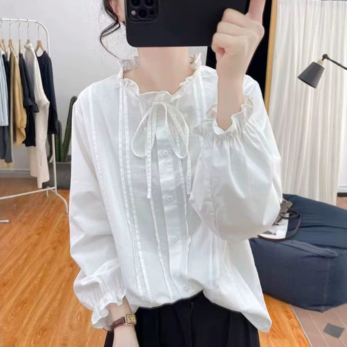 小法式白色衬衫女春秋新品木耳领长袖系带年轻甜美大码宽松娃娃袖