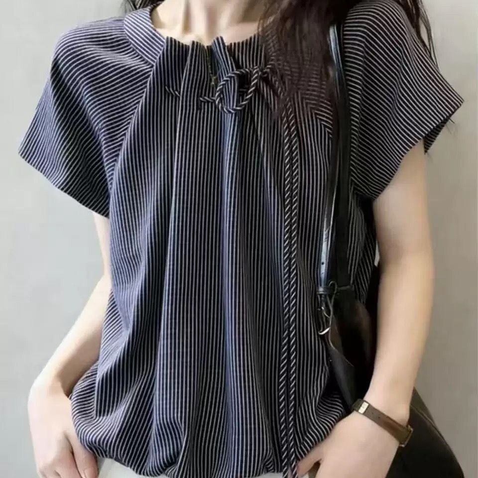 格子衬衫女春夏早秋新品大码遮肉收腰系带条纹短袖百搭休闲韩版