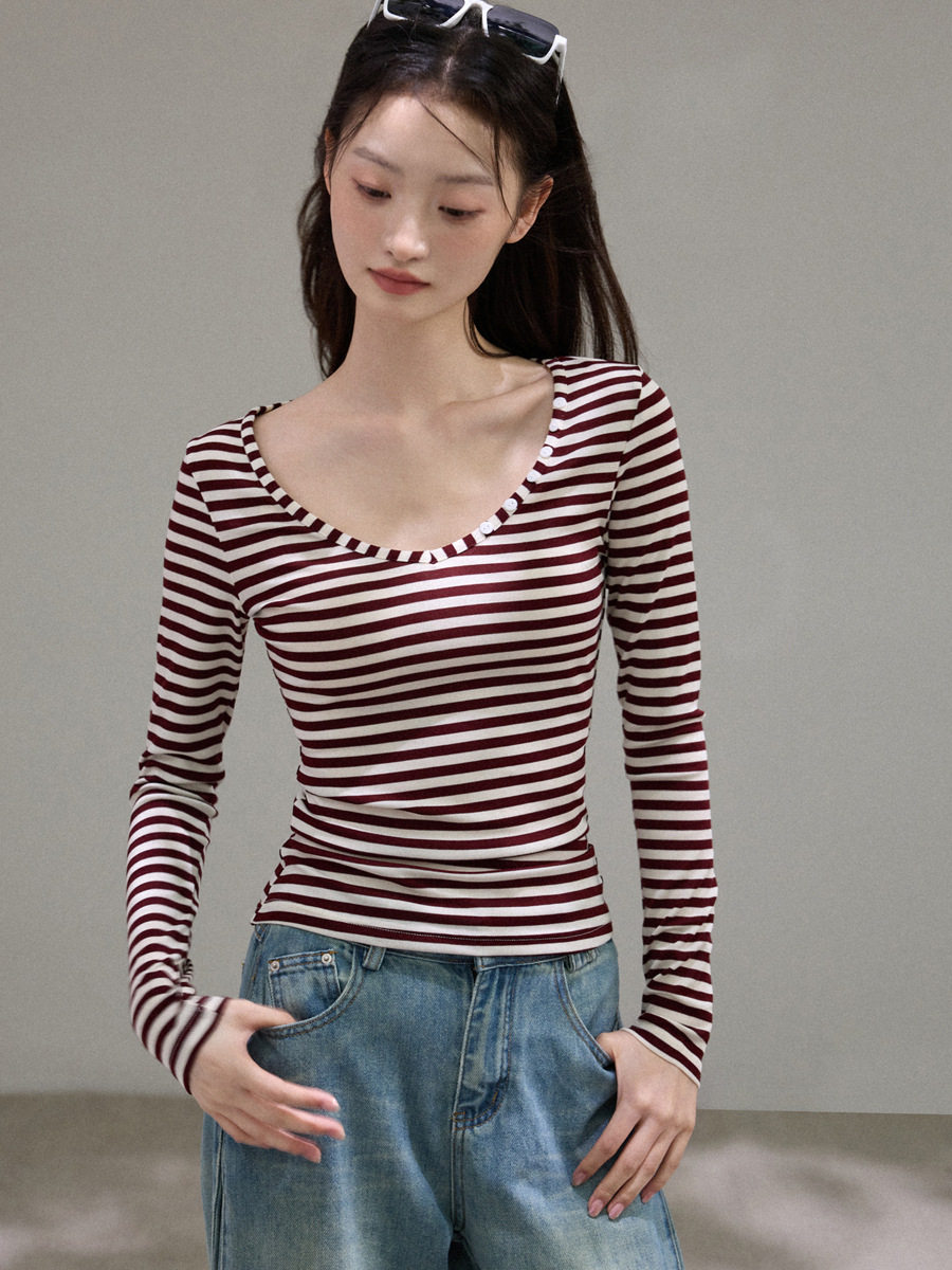 复古条纹长袖t恤女2026秋冬新品修身打底衫上衣长袖莱赛尔天丝