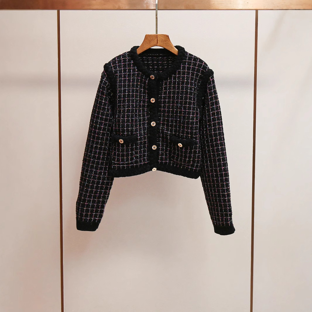 S家2023早秋新款时尚法式圆领小香风针织格纹单排金属扣短款外套