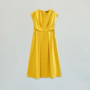 恩裳夏姜黄色胸前倒褶V领舒适X型醋酸连衣裙9C63205148有4042