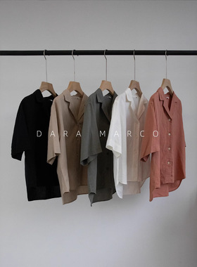 复古亚麻混纺西装领纯色宽松百搭休闲短袖衬衫25夏季新款C53144