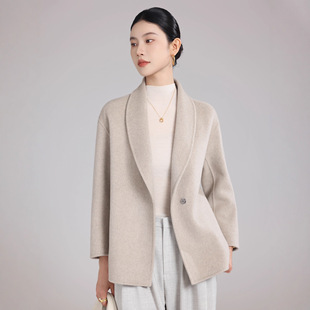 2025秋冬新款高端双面山羊绒大衣女士短款青果领韩版修身羊毛外套