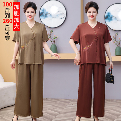 胖妈妈短袖T恤套装特大码宽松