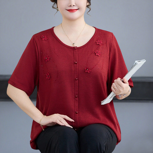 特大码夏装短袖上衣T恤宽松妈妈