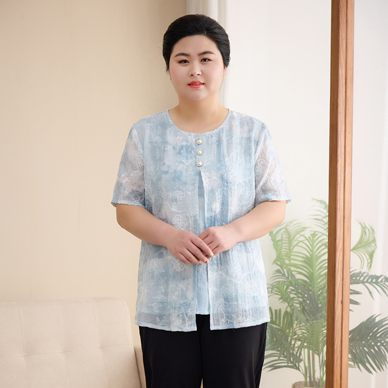 200斤胖妈妈夏装短袖t恤假两件中老年胖奶奶加肥加大码上衣老太太