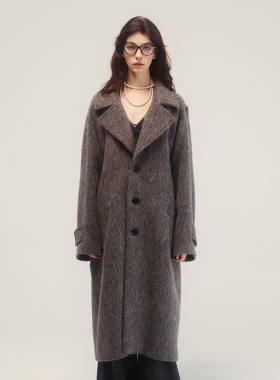 ELIATELIER“追溯经典”羊驼毛羊毛混咖色阔型长款翻领毛呢大衣