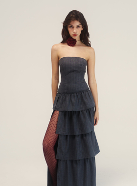 ELIATELIER“高智奢感”精纺绵羊毛条纹抹胸连衣长裙蛋糕裙塔裙