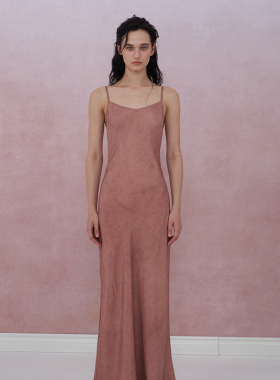 ELIATELIER设计师25SS纯桑蚕丝手工染脏粉/苔藓绿气质斜裁连衣裙