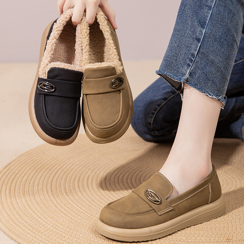 真皮加绒厚底短靴妈妈棉鞋