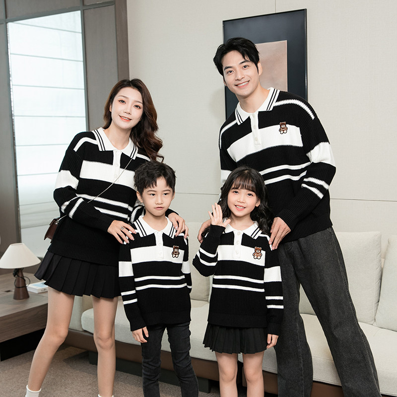 黑白条纹亲子装毛衣秋冬新款一家三口翻领童装母子母女装家庭装,童装/婴儿装/亲子装,亲子装/亲子时装,淘宝优惠券,粉丝福利购,淘宝优惠卷
